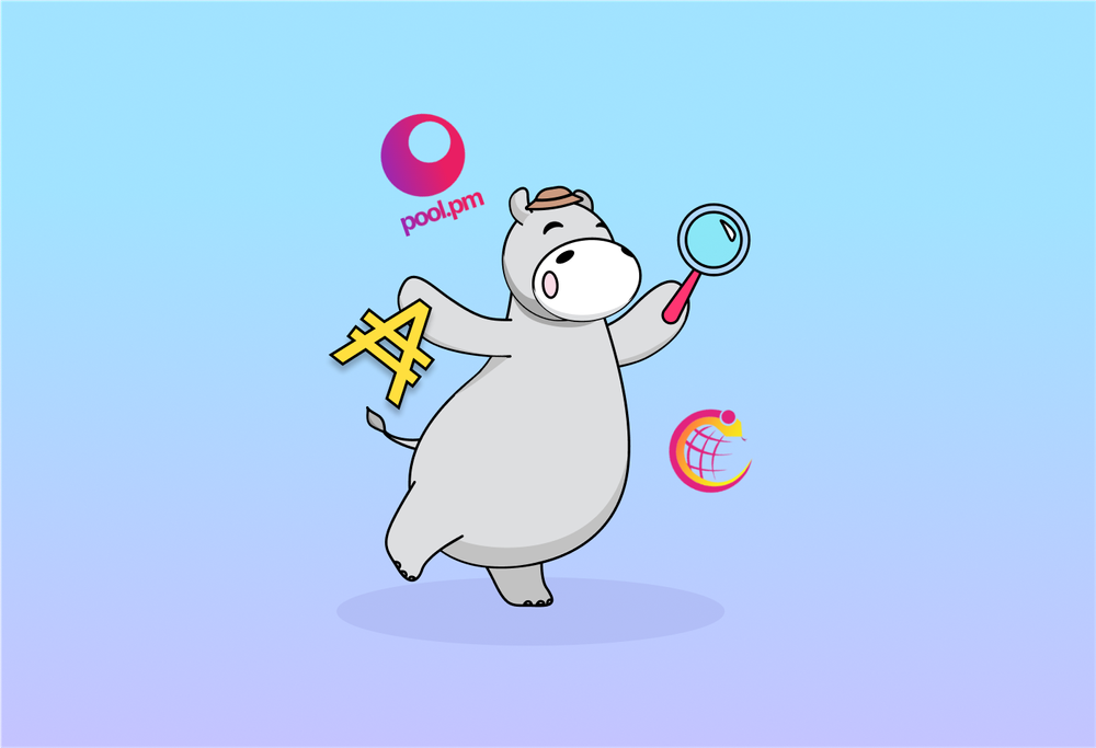 JPG hippo with a magnifying glass and cute little hat, exploring the blockchain
