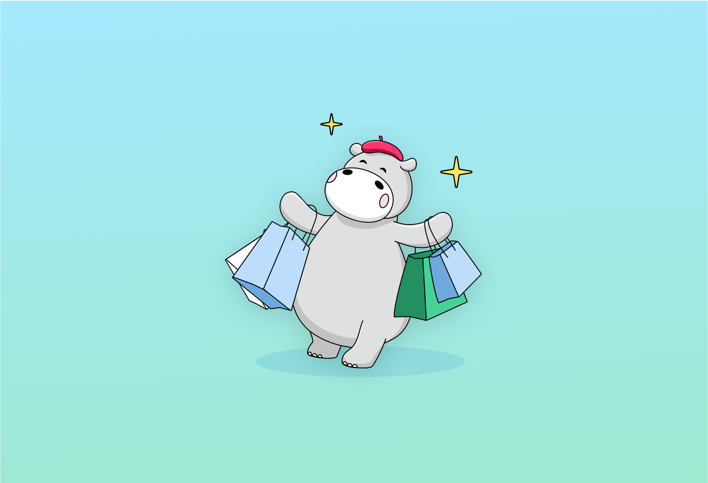 JPG hippo holding a phone and two shopping bags