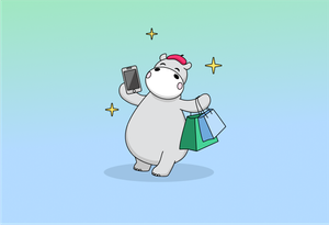 JPG hippo holding a phone and two shopping bags